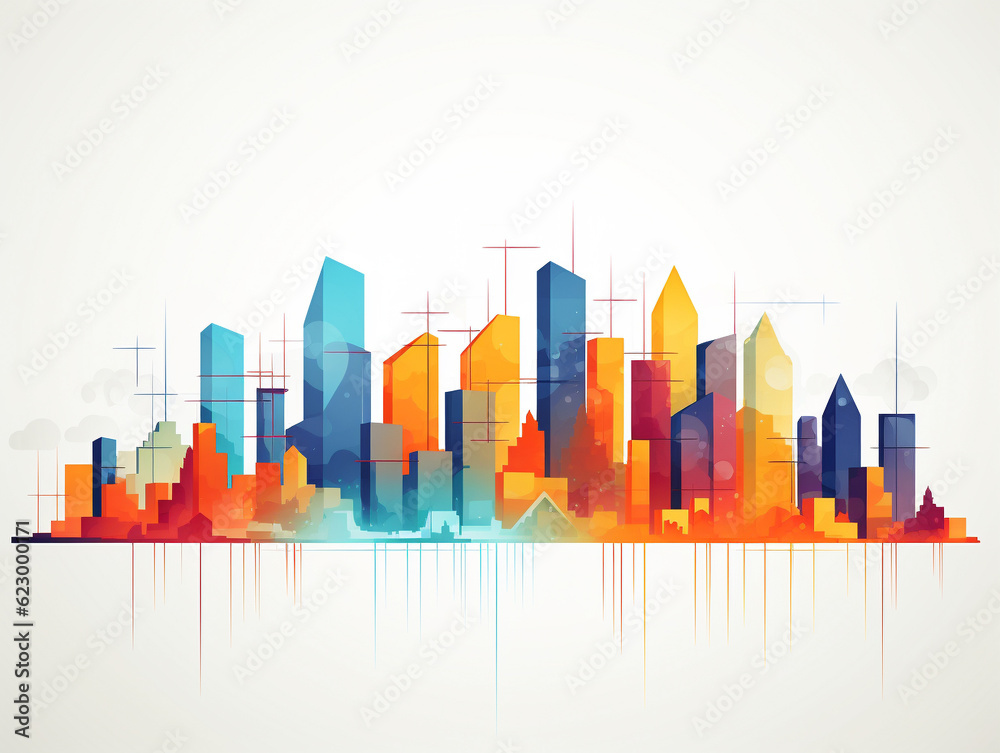 A Colorful Vector Art Illustration of a City Skyline with Bold Straight Lines and Minimal Colors | Generative AI