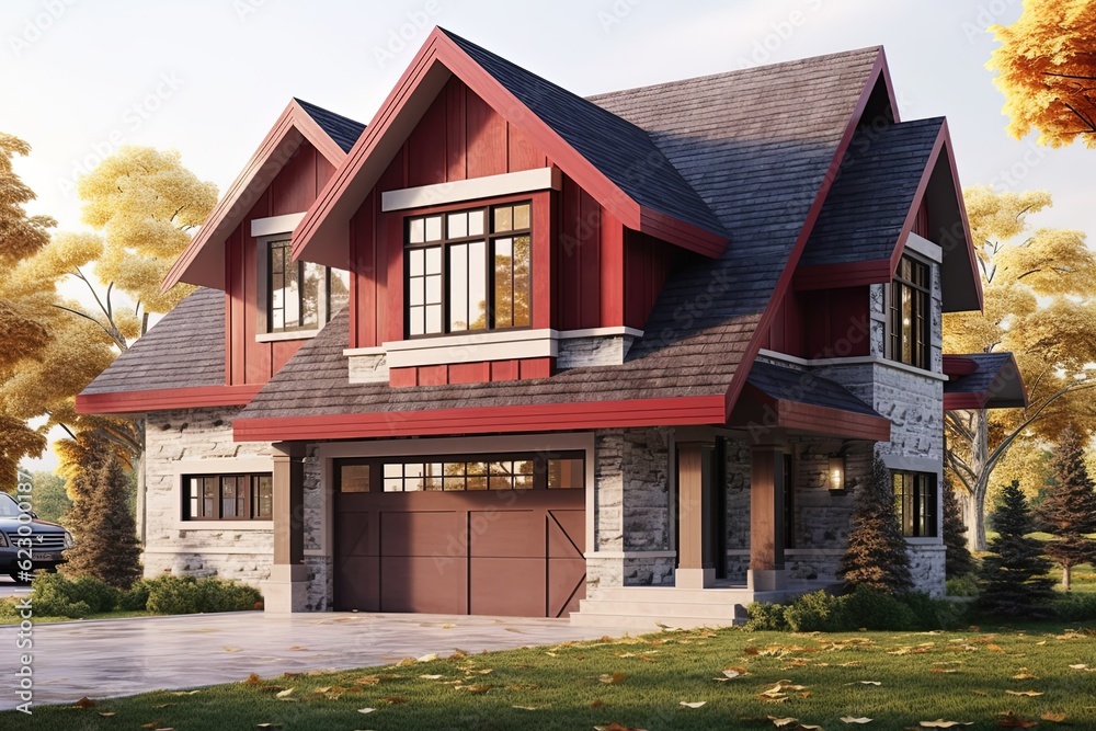 Spacious Double Garage House with Open Concept, Burgundy Siding, and Natural Stone Pillars, generative AI Spacious Double Garage House with Open Concept, Burgundy Siding, and Natural Stone Pillars, generative AI