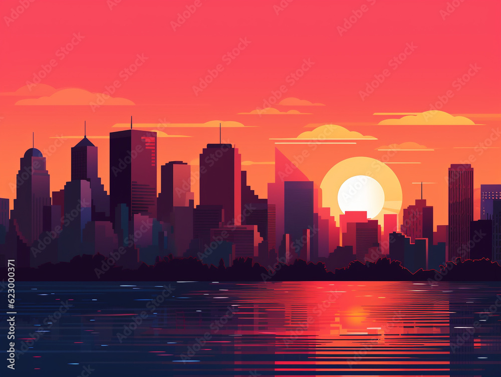 A Simple Vector Art Illustration of a City Skyline at Sunset Using Bold Shapes and Minimal Colors | Generative AI
