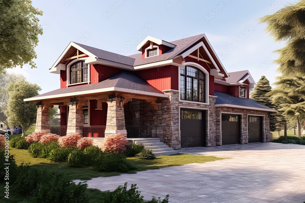 Chic Open Concept House with Double Garage, Red Siding & Natural Stone Pillars, generative AI