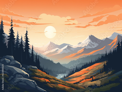 A Morning Vector Art Illustration of a Bold Minimalist Forest Landscape with Sharp Angles and a Limited Color Palette | Generative AI