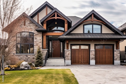 Double Garage   Open Concept  Chic  Recently Constructed House with Bronze Siding   Natural Stone Pillars  generative AI