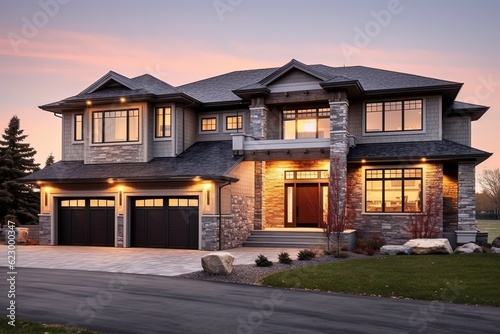 Spacious, Contemporary Home with Double Garage, Open Concept, Gray Siding, and Natural Stone Pillars, generative AI