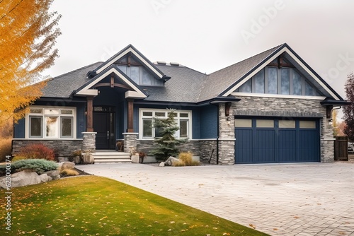 Newly Built Chic House with Open Concept, Double Garage, Navy Blue Siding, and Natural Stone Pillars, generative AI