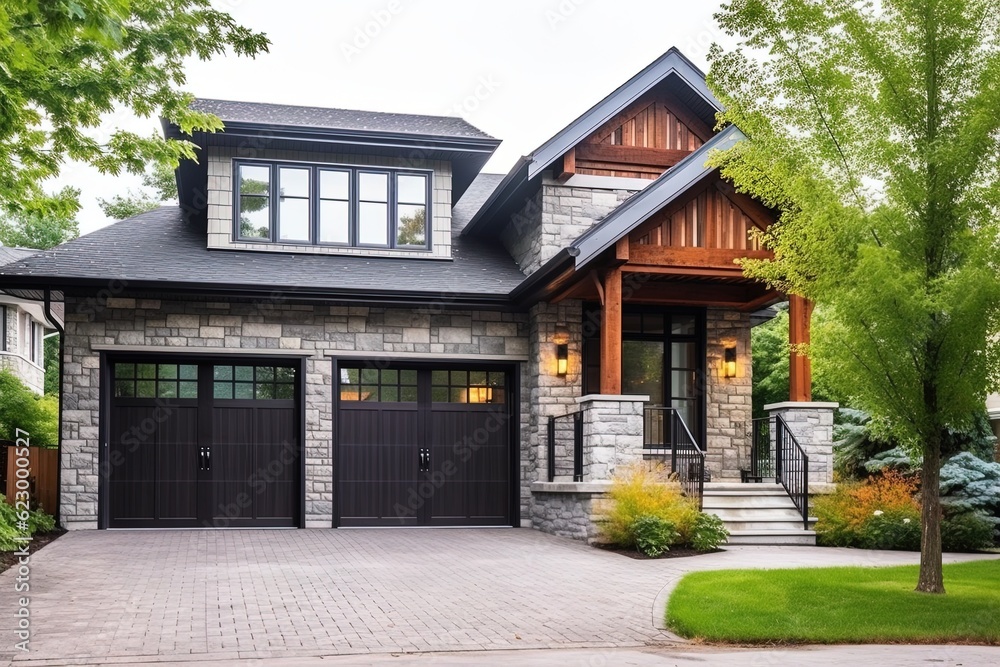 Newly Built Chic House with Open Concept, Double Garage, Light Gray Siding, and Natural Stone Pillars, generative AI Newly Built Chic House with Open Concept, Double Garage, Light Gray Siding, and Natural Stone Pillars, generative AI
