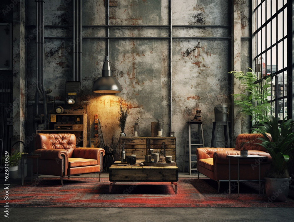 An Image of an Industrial Inspired Interior with Grungy Textures and Bold Contrasting Colors | Generative AI