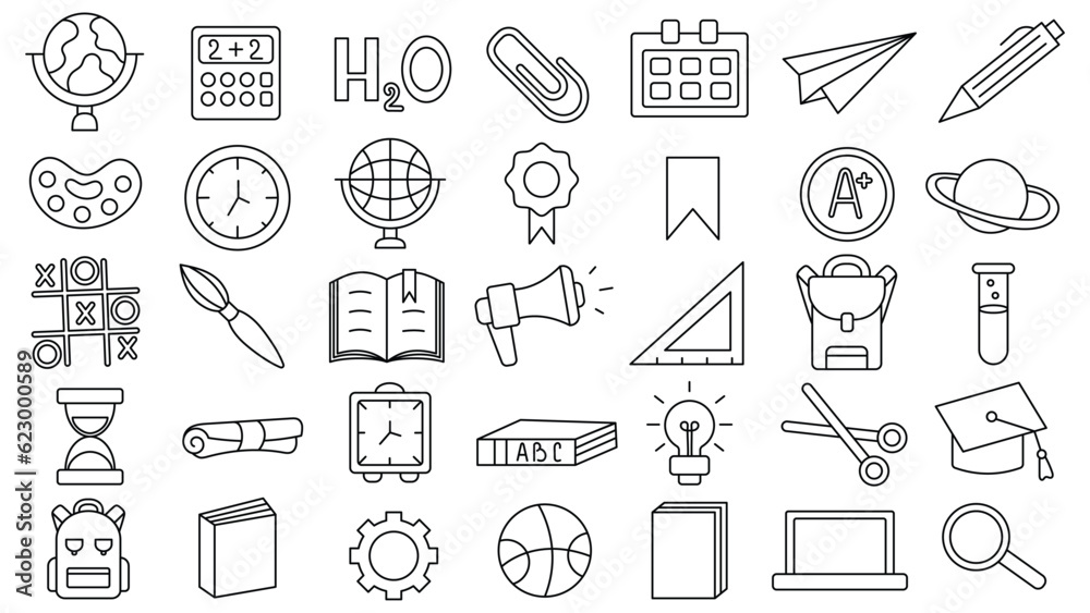 Back to school. Set of editable stroke icons of office supplies for studying at school. Collection isolated education kids accessory. vector object stuff design. graphic patch element children study Back to school. Set of editable stroke icons of office supplies for studying at school. Collection isolated education kids accessory. vector object stuff design. graphic patch element children study