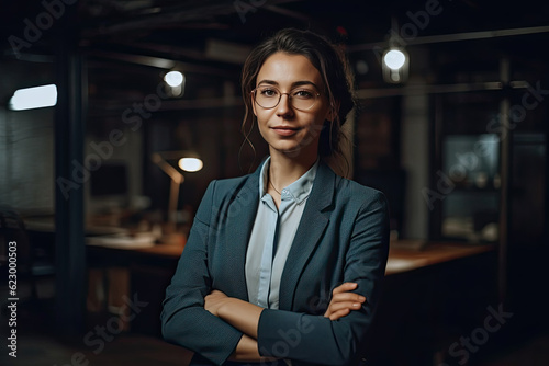 Portrait of purposeful female entrepreneur standing with her arms crossed on her chest in a dark office with filing cabinets in the background, created with Generative AI.