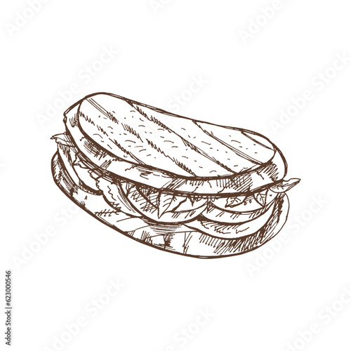 Hand drawn vector sketch of a piece of sandwich with vegetables, cheese, meat. Doodle vintage illustration. Decorations for the menu of cafes and labels. Engraved immage.