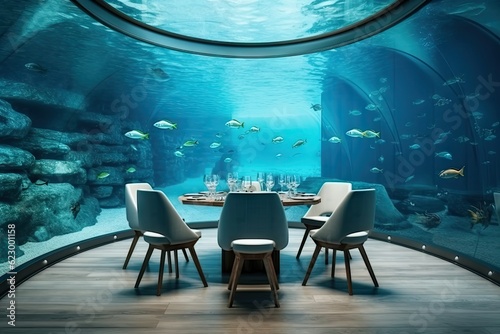 Underwater Restaurant, Luxury Cafe Under Water, Aquatic Dining Table, Abstract Generative AI Illustration