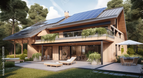 photovoltaic solar panels in modern house roof. Alternative and Renewable energy concept, generative AI © Kien