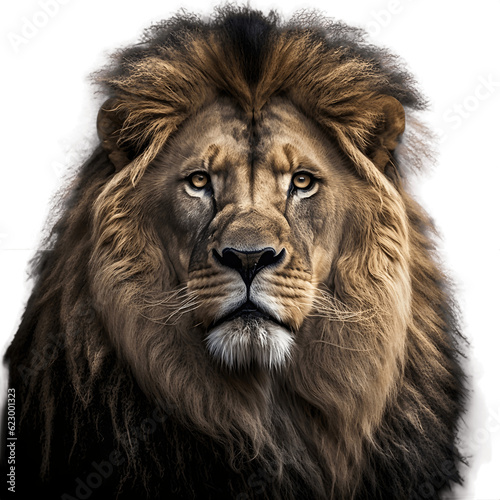 Portrait of a lion face front view, isolated on transparent background
