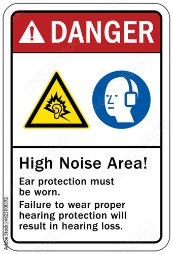 High noise area warning sign and labels ear protection must be worn. Failure to wear proper hearing protection will result in hearing loss