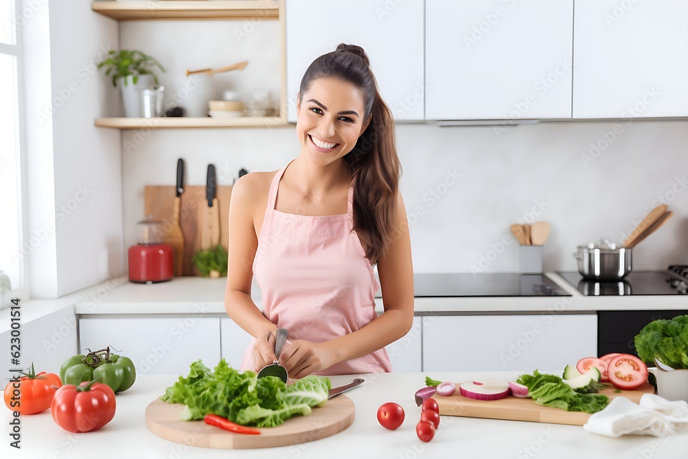 Joyful Healthy Cooking: Beautiful Young Woman Having Fun Preparing Salad, Generative AI