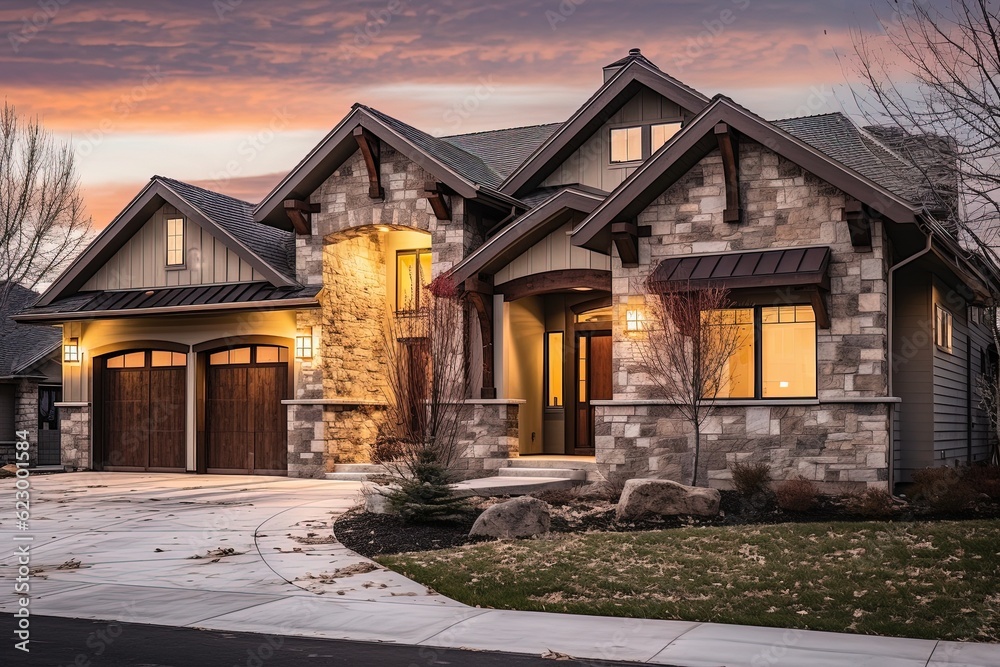 Contemporary Design: Elegant Newly Built Home with Three-Car Garage, Beige Siding, and Natural Stone Accents, generative AI