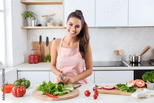 Joyful Healthy Cooking  Beautiful Young Woman Having Fun Preparing Salad  Generative AI