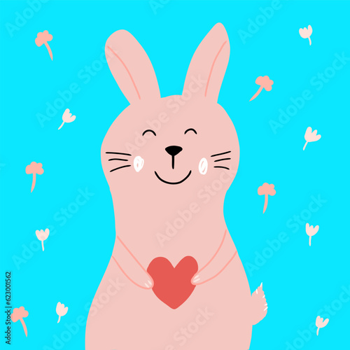 Cute pink hand drawn abstract rabbit with heart, kids illustration for poster,Valentine day greeting card, holiday postcard,childish print for t-shirt, fabric design,kind bunny character