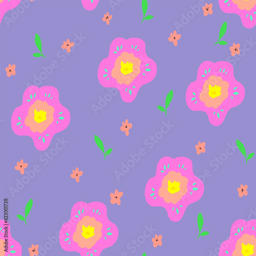 Pink flower and abstract elements seamless pattern on violet background. Botanical illustration for cover design,home decor,invitation card, spring texture for textile and fabric design.