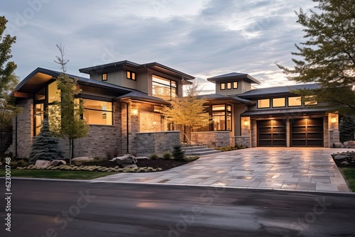 Sleek Architecture & Natural Stone Accents: Extravagant New Residence with Three-Car Garage & Light Green Siding, generative AI