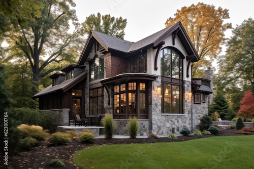 Exquisite New Construction Property with Sophisticated Design and Three-Car Garage Featuring Burgundy Siding and Natural Stone Pillars, generative AI