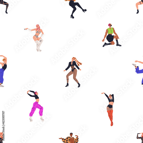 Vogue dancers  seamless pattern. Fashion modern dance style  repeating print. Endless background  sexy sassy young men  women in trendy costumes. Colored flat graphic vector illustration for textile