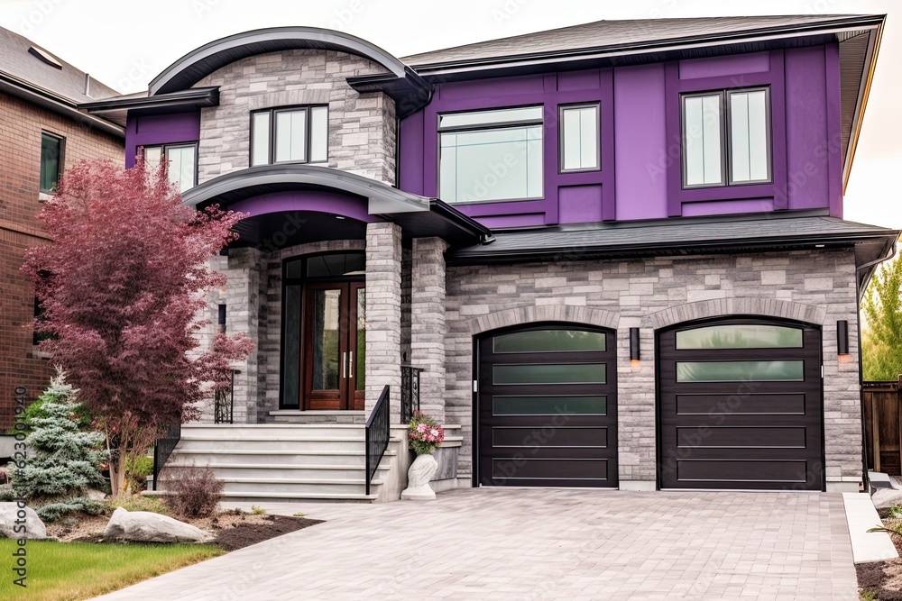 Modernist Style Purple Siding House with Double Garage and Natural Stone Embellishments: A Grand Brand New Residence, generative AI