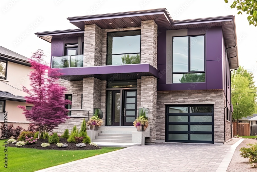 Modernist Style Grand New House: Double Garage, Purple Siding & Natural Stone Embellishments, generative AI