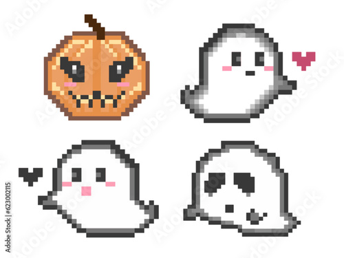 Set of Halloween ghosts, pixel,Halloween,pumpkin,
ghost,monster, cartoon character,cute,icon ,vector, illustration,hand drawn pixel art illustration
