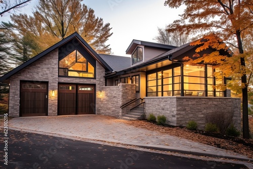Modern Architecture: Inviting Home with Two-Car Garage, Light Brown Siding, and Natural Stone Walls, generative AI