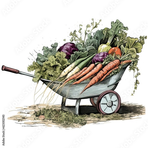 Utility cart isolated on white background. A barrow with crop from the garden. An illustration of the harvest in a wheelbarrow. Band barrow full of fresh vegetables. Wheel barrow. Handbarrow drawing photo