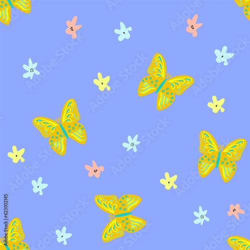 butterflies and flowers seamless pattern,childish print for wallpaper,kids fabric,nursery interior,baby shower illustration in doodle style.