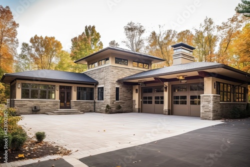 Avant-Garde Layout and Luxe Amenities: A Stunning Property with Three-Car Garage, Pale Orange Siding, and Natural Stone Pillars, generative AI