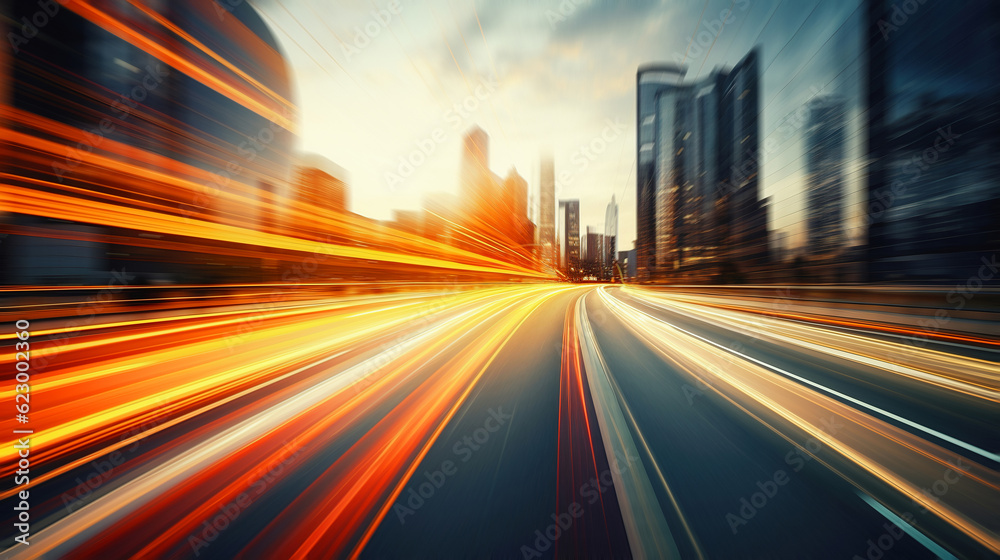 Abstract speeding motion Blur City with light trails. 3D rendering