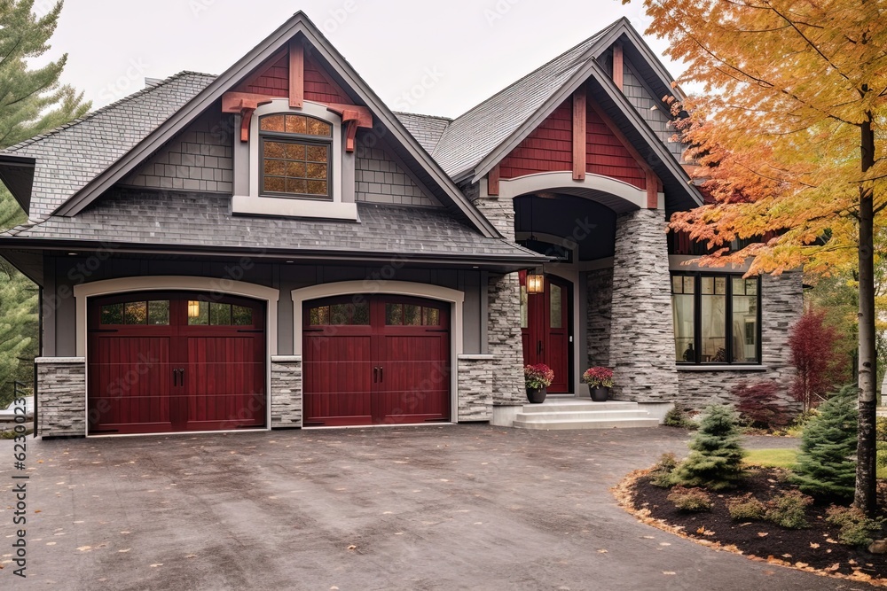 Cutting-Edge Architecture Meets Luxurious New Home: Two-Car Garage, Burgundy Siding, and Natural Stone Facade, generative AI Cutting-Edge Architecture Meets Luxurious New Home: Two-Car Garage, Burgundy Siding, and Natural Stone Facade, generative AI