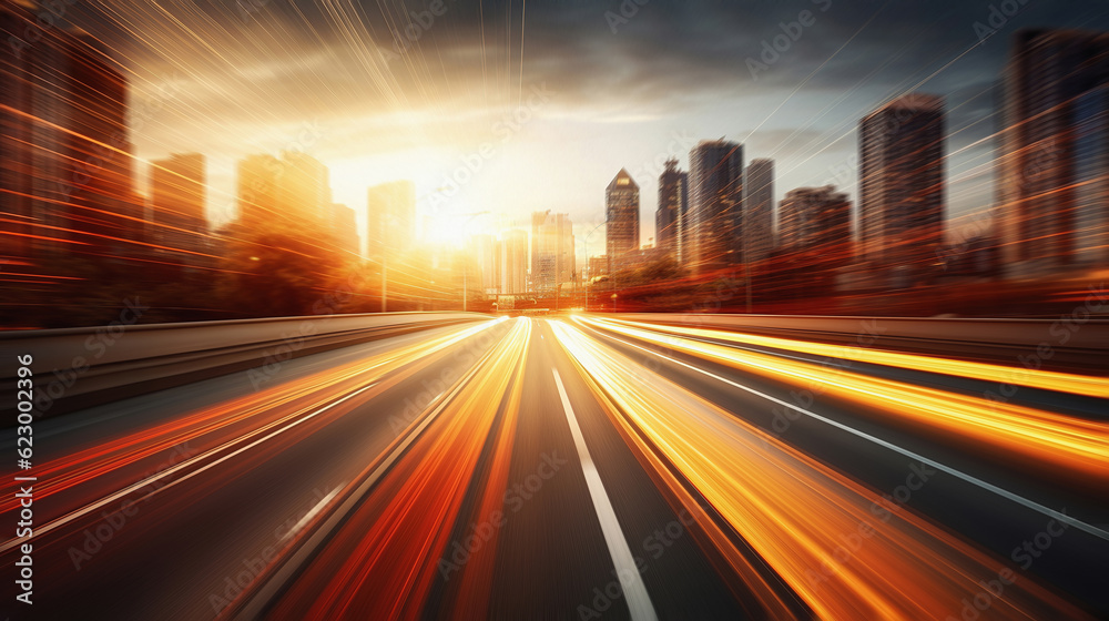 Fototapeta premium Abstract speeding motion Blur City with light trails. 3D rendering