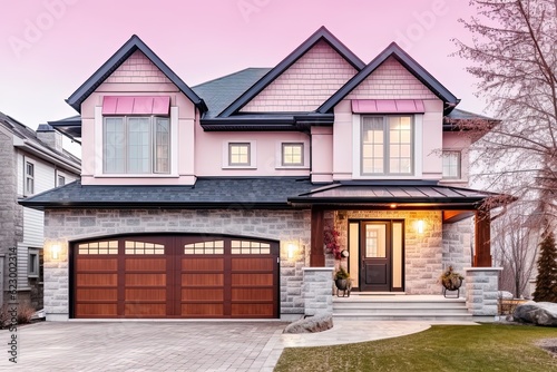 Cutting-Edge Architecture meets Luxurious Brand New Home with Two-Car Garage and Pink Siding  generative AI