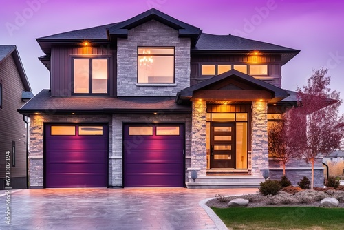 Cutting-Edge, Luxurious Brand New Home with Two-Car Garage: Purple Siding and Natural Stone Facade, generative AI