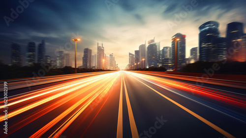 Abstract speeding motion Blur City with light trails. 3D rendering