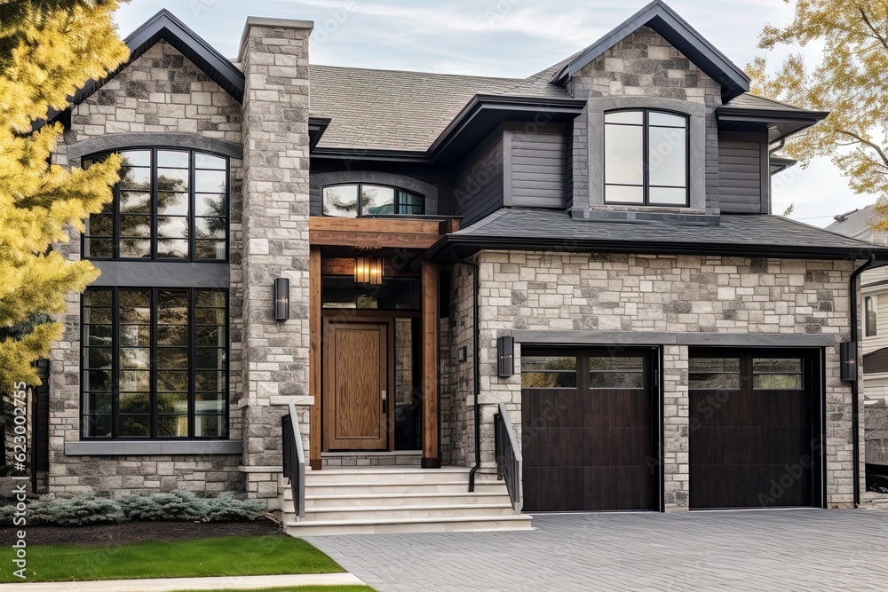 Cutting-Edge Architecture: Luxurious Brand New Home with Two-Car Garage, Green Siding, and Natural Stone Facade, generative AI Cutting-Edge Architecture: Luxurious Brand New Home with Two-Car Garage, Green Siding, and Natural Stone Facade, generative AI