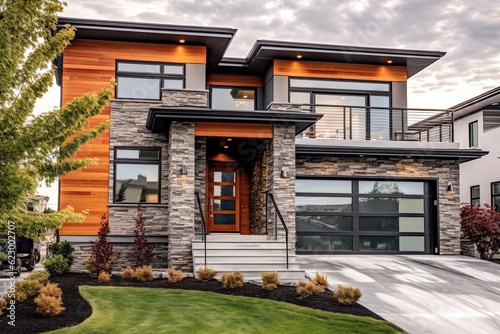 Cutting-Edge Architecture and Luxurious Design in a Brand New Home with Two-Car Garage, Orange Siding, and Natural Stone Facade, generative AI