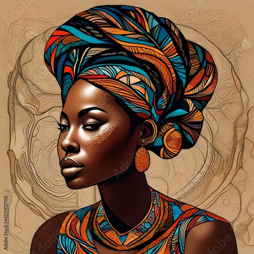 A digital painting of a beautiful traditional African woman.  AI-generated fictional illustration  