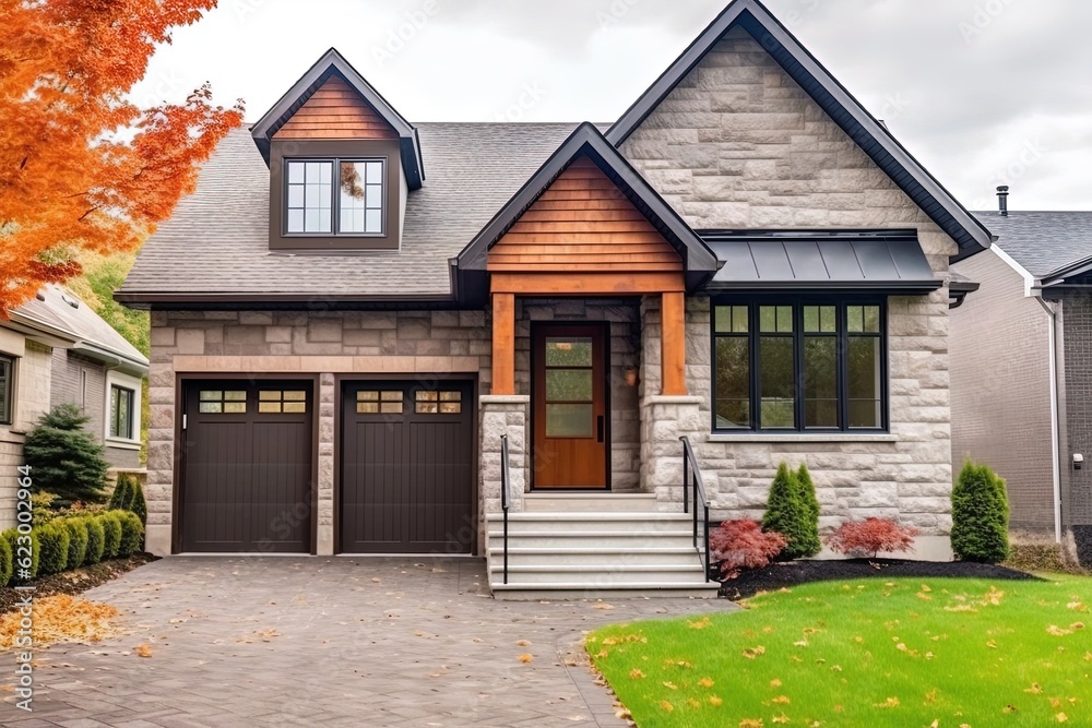 Newly Constructed Home with State-of-the-Art Layout: Single Car Garage, Orange Siding, Natural Stone Entrance, generative AI Newly Constructed Home with State-of-the-Art Layout: Single Car Garage, Orange Siding, Natural Stone Entrance, generative AI