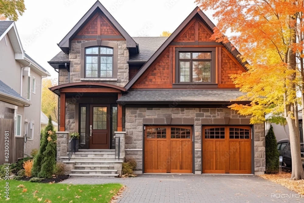 State-of-the-Art Layout & Magnificent Freshly Built Home with Single Car Garage, Orange Siding, and Natural Stone Entrance, generative AI State-of-the-Art Layout & Magnificent Freshly Built Home with Single Car Garage, Orange Siding, and Natural Stone Entrance, generative AI