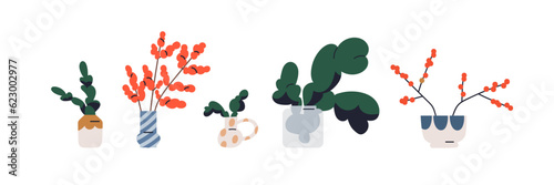 Christmas plants, leaf and fir branches, Xmas red berry twigs in pots, vases set. Holiday houseplants, trendy winter natural decor. Flat graphic vector illustration isolated on white background