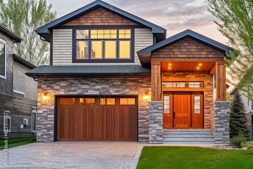 Spacious Front Yard and Double Garage: A Stunning Modern New Construction House with Beige Siding and Natural Stone Features, generative AI