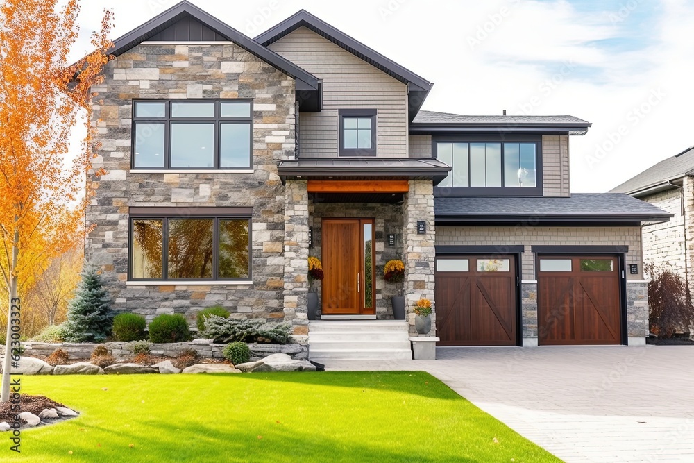Spacious Front Yard & Double Garage: A Modern New Construction House with Green Siding and Natural Stone Features, generative AI Spacious Front Yard & Double Garage: A Modern New Construction House with Green Siding and Natural Stone Features, generative AI