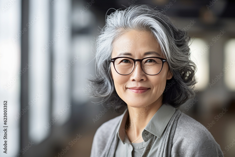 Portrait Asian business woman with gray hair in the office Portrait Asian business woman with gray hair in the office