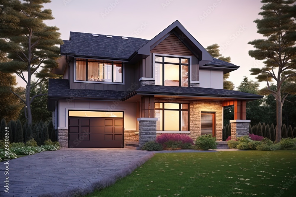 Obraz premium Spacious Front Yard & Double Garage in a Modern New Construction House with Purple Siding & Natural Stone Features, generative AI