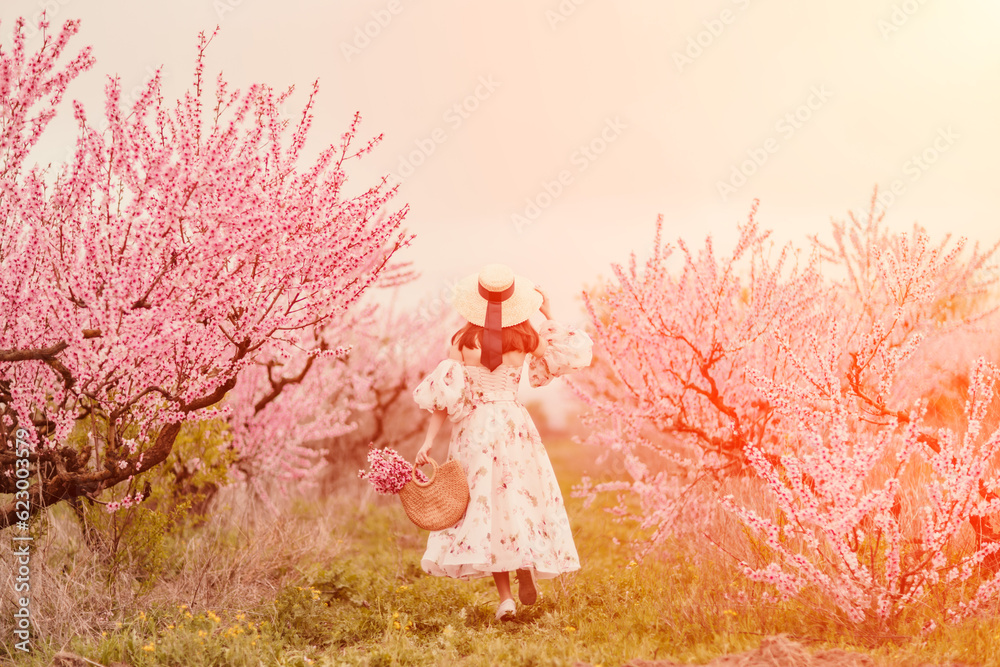 Woman blooming peach orchard. Against the backdrop of a picturesque peach orchard, a woman in a long dress and hat enjoys a peaceful walk in the park, surrounded by the beauty of nature. Woman blooming peach orchard. Against the backdrop of a picturesque peach orchard, a woman in a long dress and hat enjoys a peaceful walk in the park, surrounded by the beauty of nature.