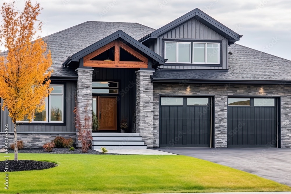 Spacious Front Yard, Dark Gray Siding: A Modern New Construction House with Natural Stone Features and Double Garage, generative AI Spacious Front Yard, Dark Gray Siding: A Modern New Construction House with Natural Stone Features and Double Garage, generative AI